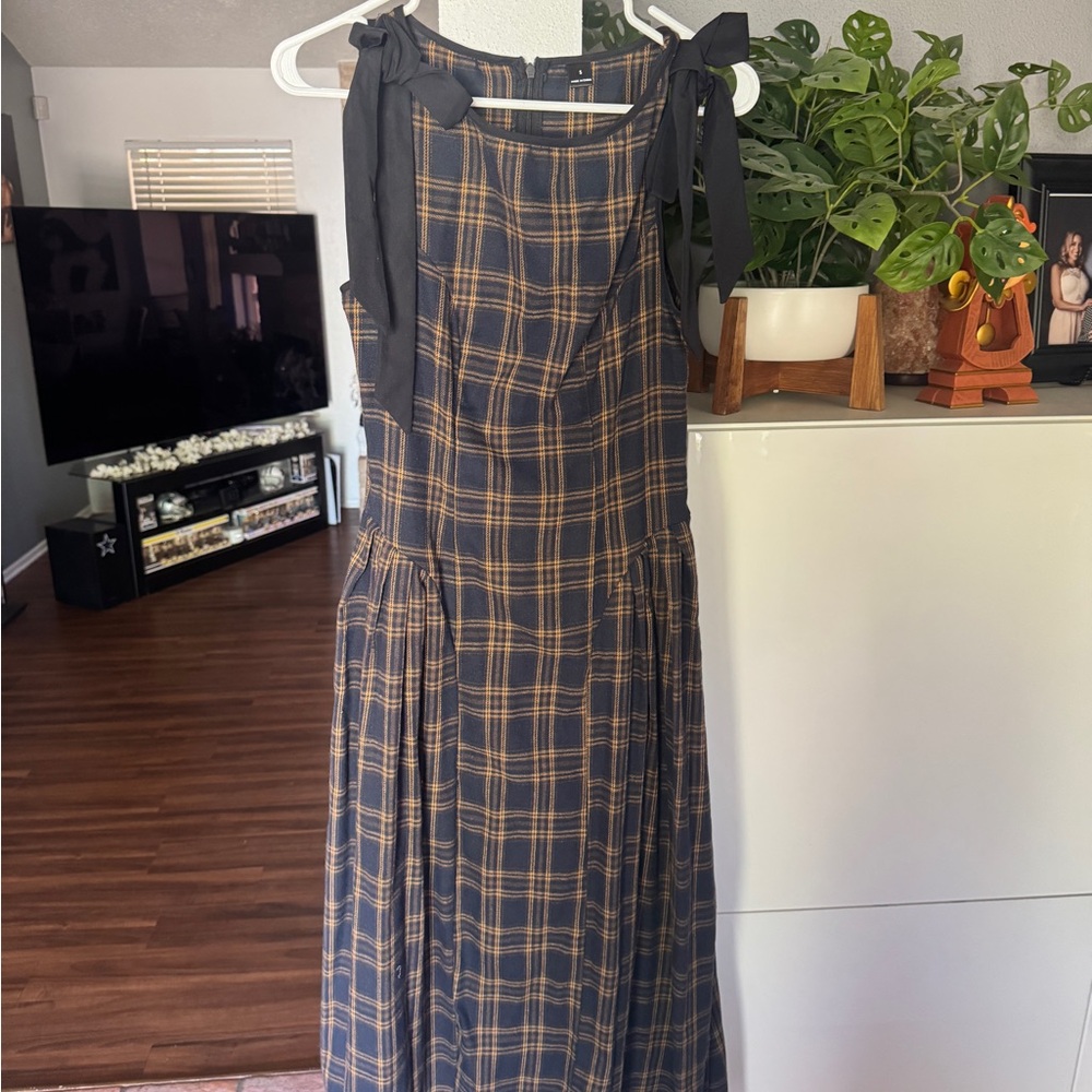 SHEIN Black and Brown Plaid Midi Dress with Bow Straps
